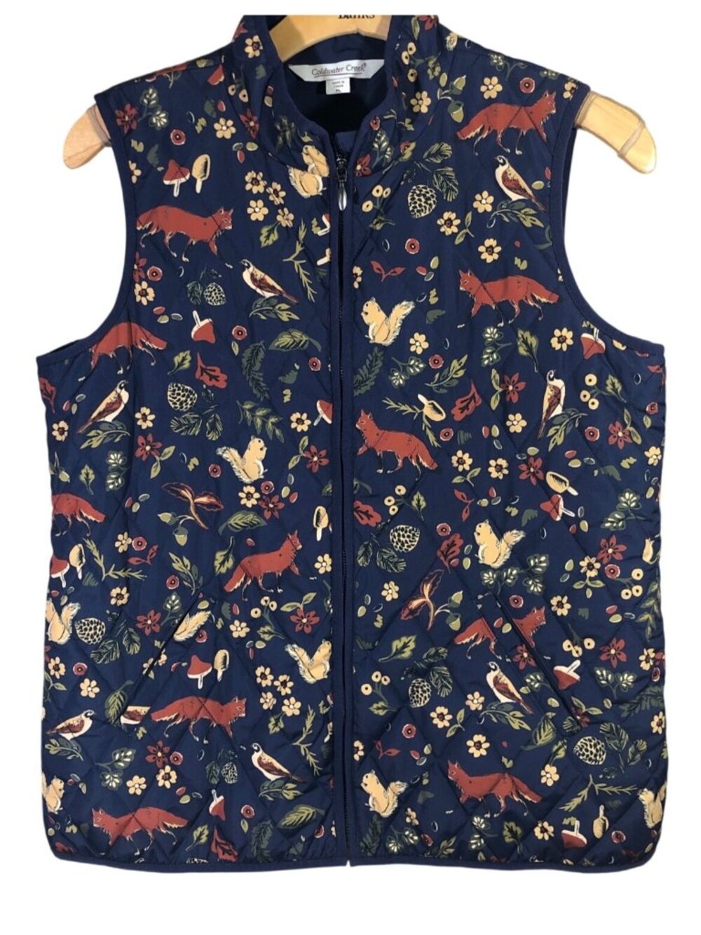 Coldwater Creek Quilted Vest Womens PL Woodlands Blue Fox Squirrels Mushrooms Fl